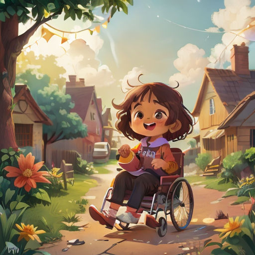 a girl in a wheel chair in a village with a tree and flowers on the ground, and a house in the background