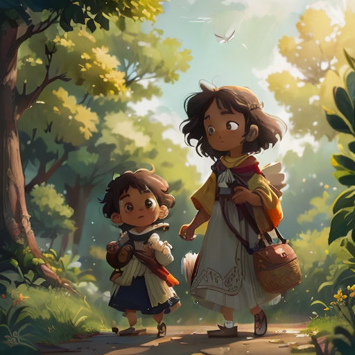 a couple of people that are standing in the dirt near trees and bushes with a bird flying overhead in the sky