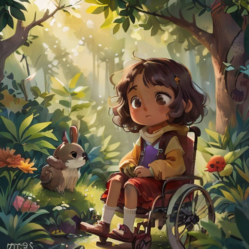 a little girl in a wheel chair in the woods with a rabbit behind her and a forest scene behind her