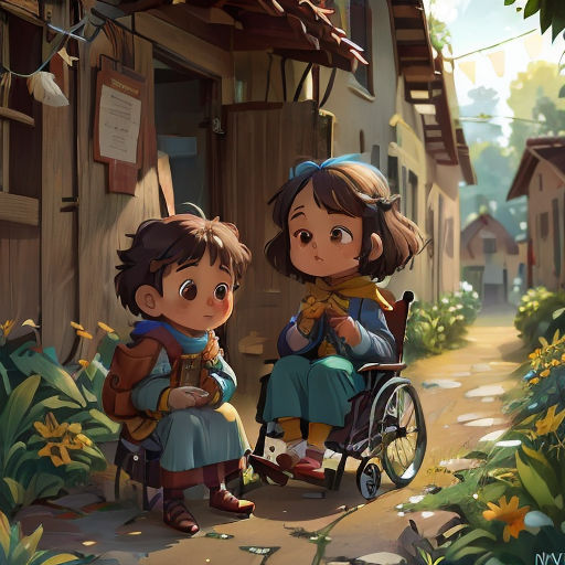 two children sitting in a wheel chair in front of a house with a sign on it that says,