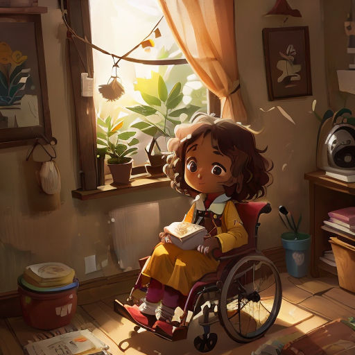 a little girl sitting in a wheel chair in a room with a window and a potted plant on the floor