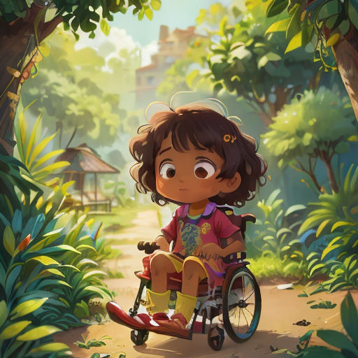 a little girl riding a bike through a forest filled with trees and bushes, with a small house in the background