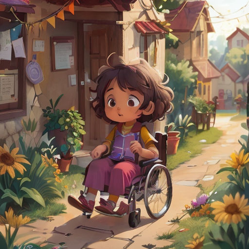 a girl in a wheel chair in a garden with flowers and a house in the background with a sign that says,