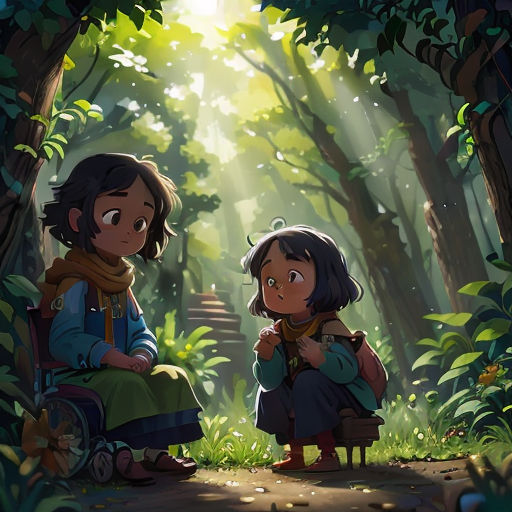 two children sitting in the woods looking at something in the distance with sunlight streaming through the trees behind them