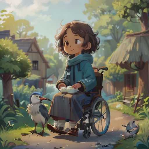 a girl in a wheel chair with a bird on the ground next to her and a bird on the ground