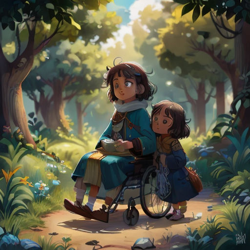 a girl in a wheelchair with a girl sitting on her lap in a forest with trees and rocks, and a path leading to a forest with a path