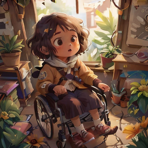 a little girl sitting in a wheel chair in a room full of plants and flowers, with a window behind her