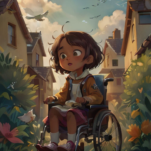 a girl in a wheel chair in a garden with a bird flying overhead and a bird flying overhead above her