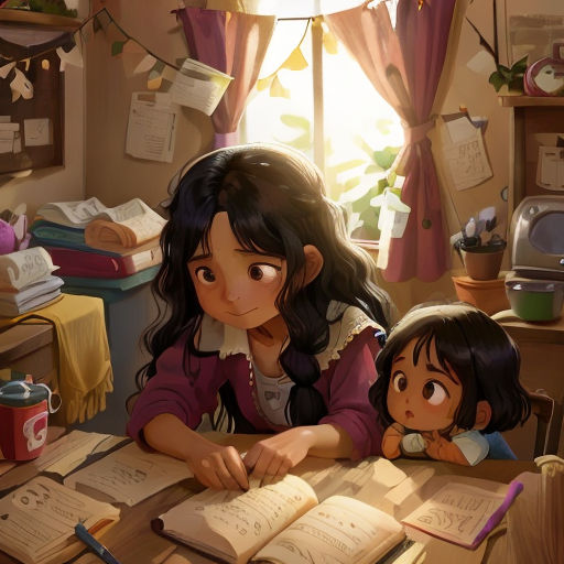 a girl and a girl sitting at a table with books and a pen in front of them, with a window in the background