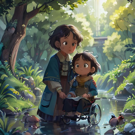 a boy and girl in a wheelchair in a forest with a stream and trees in the background, with a pond in the foreground