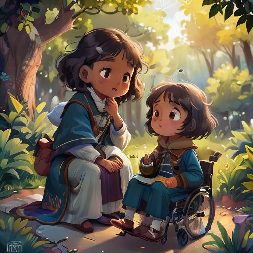 a little girl sitting next to a little girl in a wheelchair in a forest with a tree and a bird