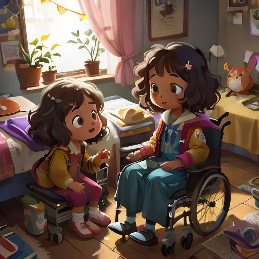 a girl in a wheelchair talking to a girl in a bedroom with a bed and a window in the background