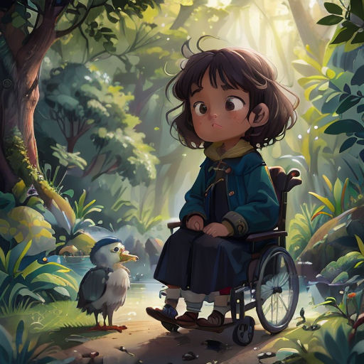 a little girl sitting in a wheel chair in the woods with a bird nearby on a path that leads to a pond
