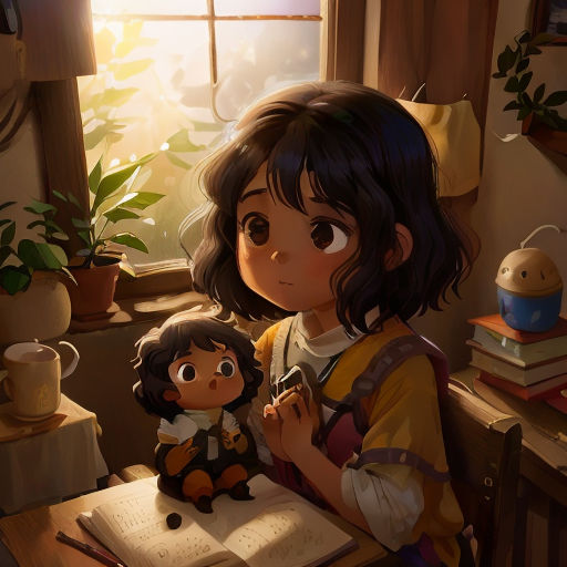 a girl holding a doll in her arms while sitting at a desk in front of a window with a book