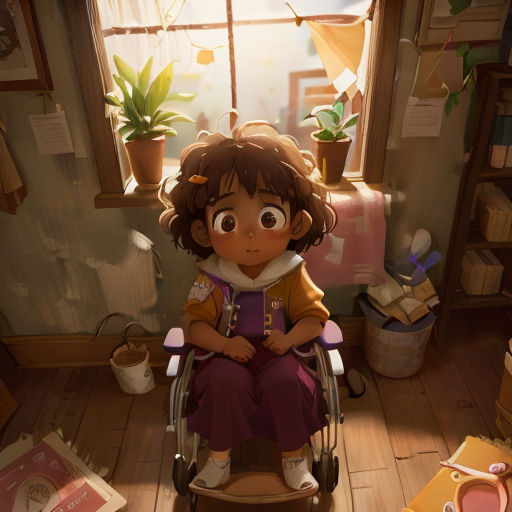 a little girl sitting in a wheel chair in a room with a window and a potted plant on the floor