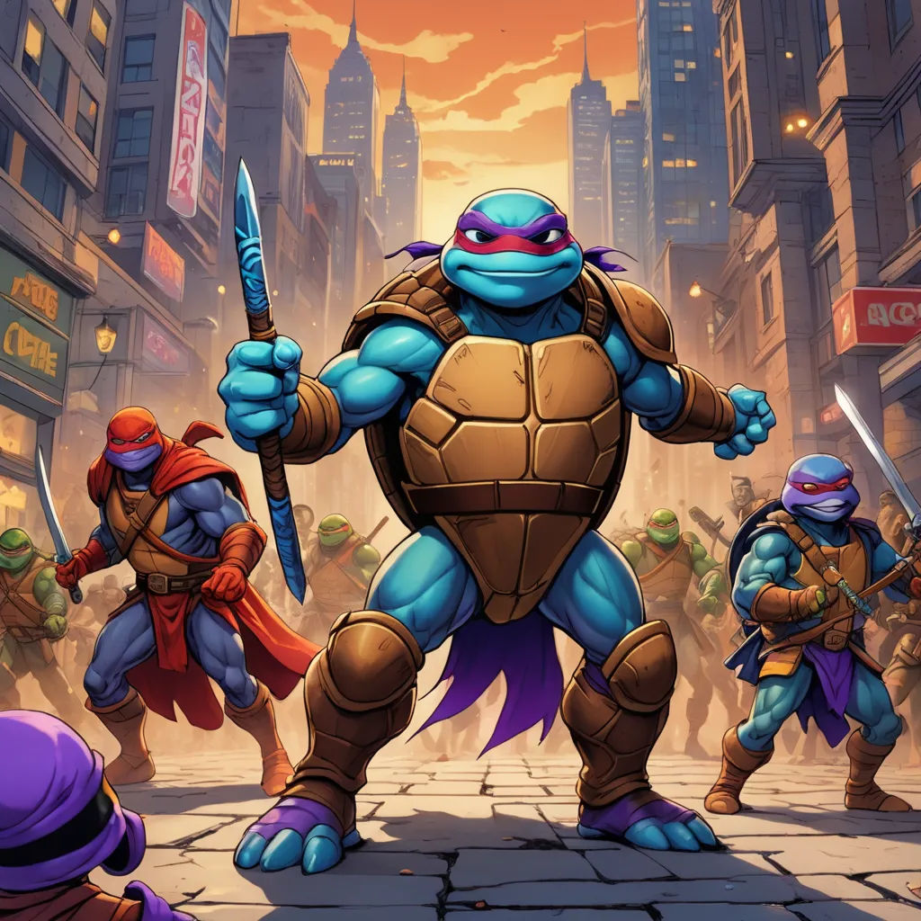 a group of teenage mutant ninjas in a city street with a giant turtle holding a sword and a sword, sots art, concept art, Dan Mumford, josan gonzales and dan mumford