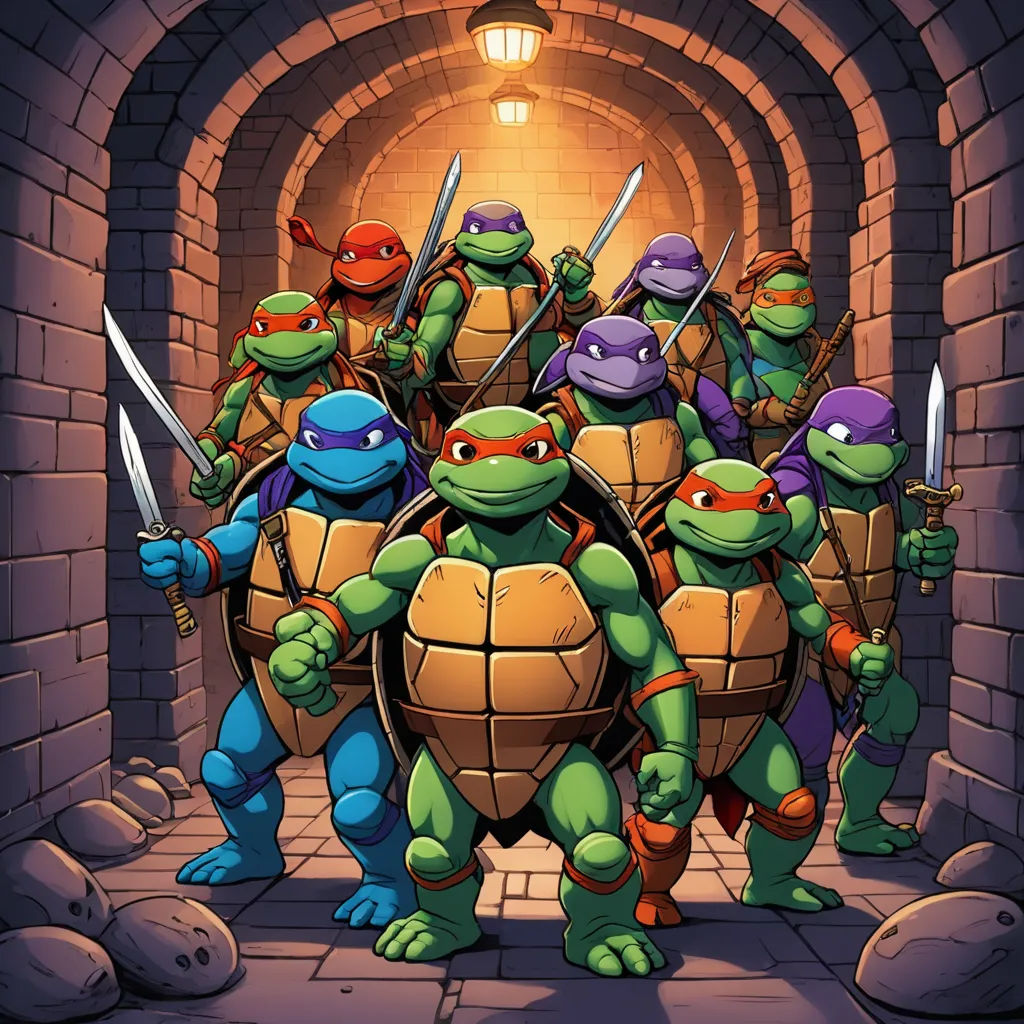 a group of teenaged turtles standing in a tunnel with swords and swords in their hands and wearing ninja costumes, sots art, concept art, Dan Mumford, josan gonzales and dan mumford