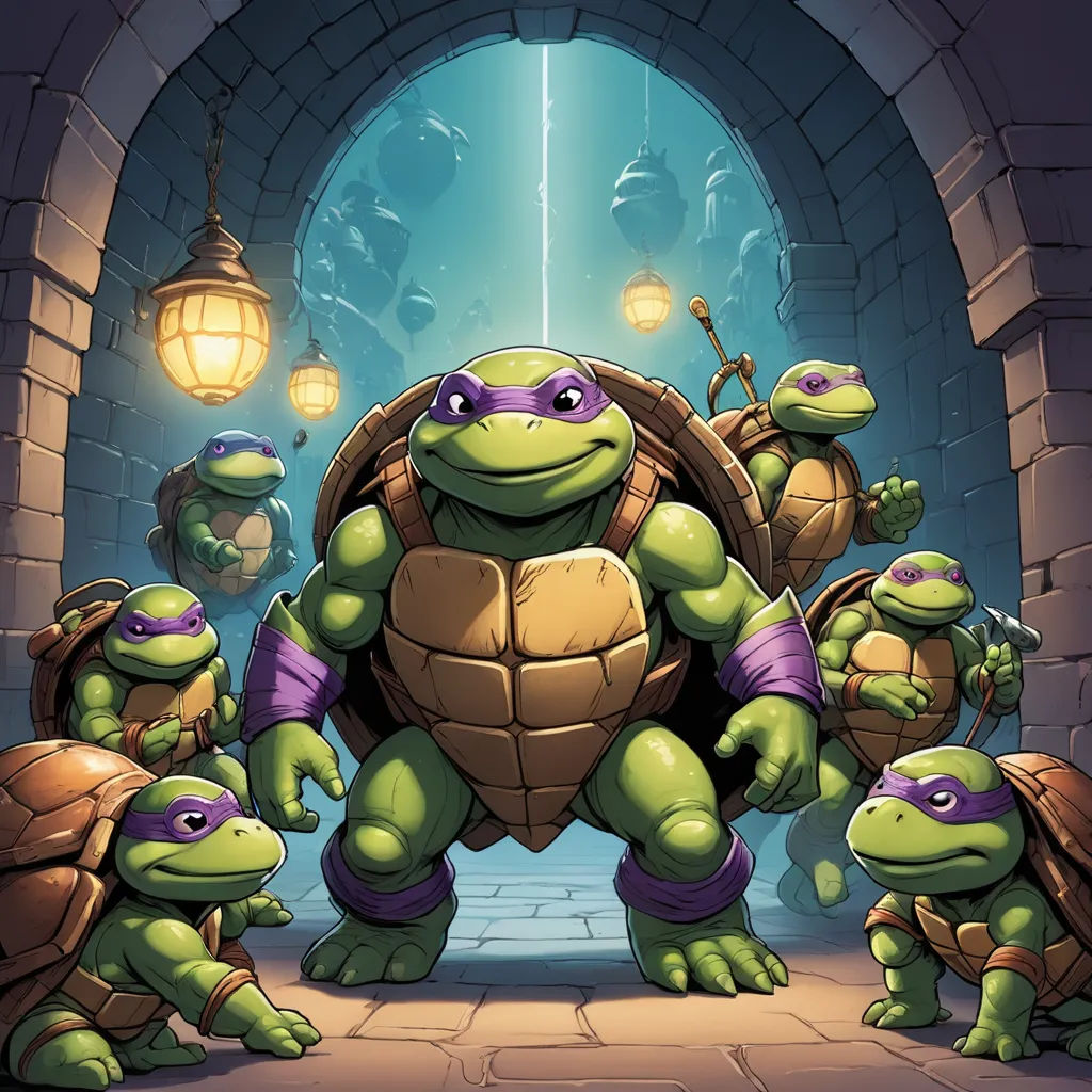 a group of turtles standing in front of a doorway with a lantern on the ceiling and a lantern on the wall, antipodeans, concept art, Brothers Hildebrandt, official art
