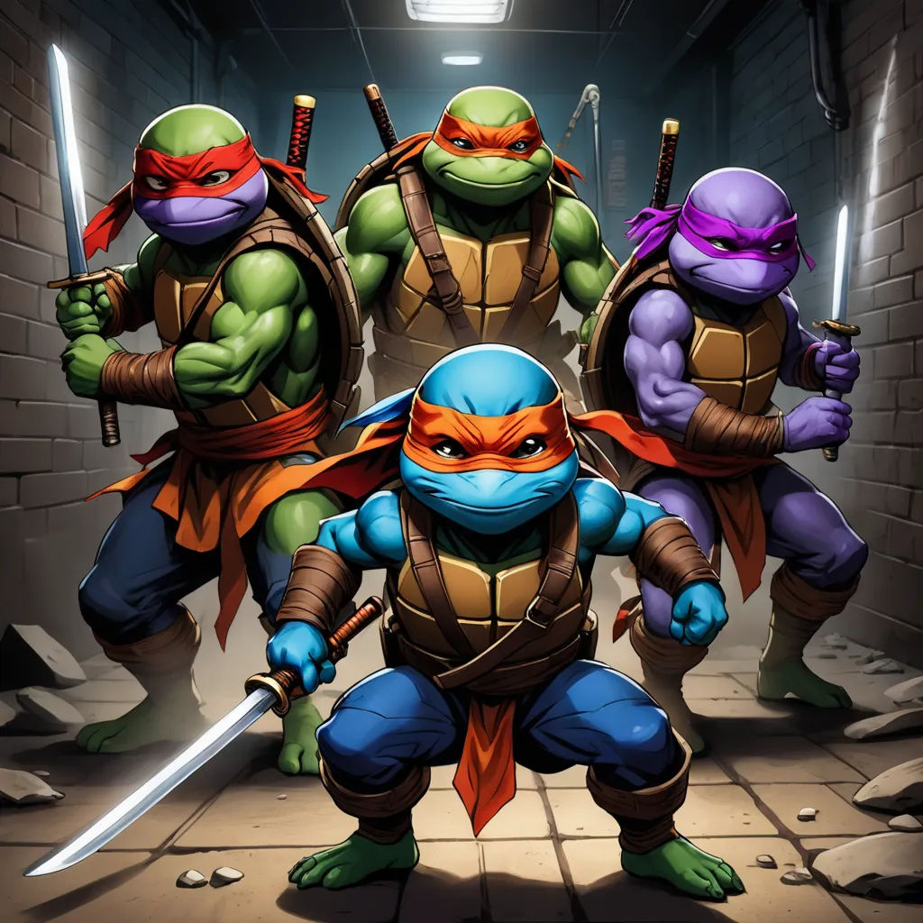 a group of teenage mutant ninjas standing in a tunnel with swords in their hands and wearing helmets on, sots art, concept art, Dan Mumford, official art