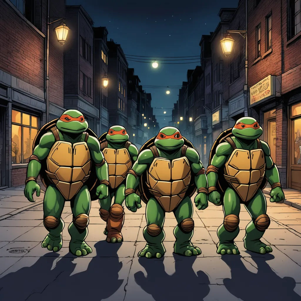 a group of turtles standing in a line on a street at night with a street light in the background, underground comix, a comic book panel, Dan Mumford, josan gonzales and dan mumford