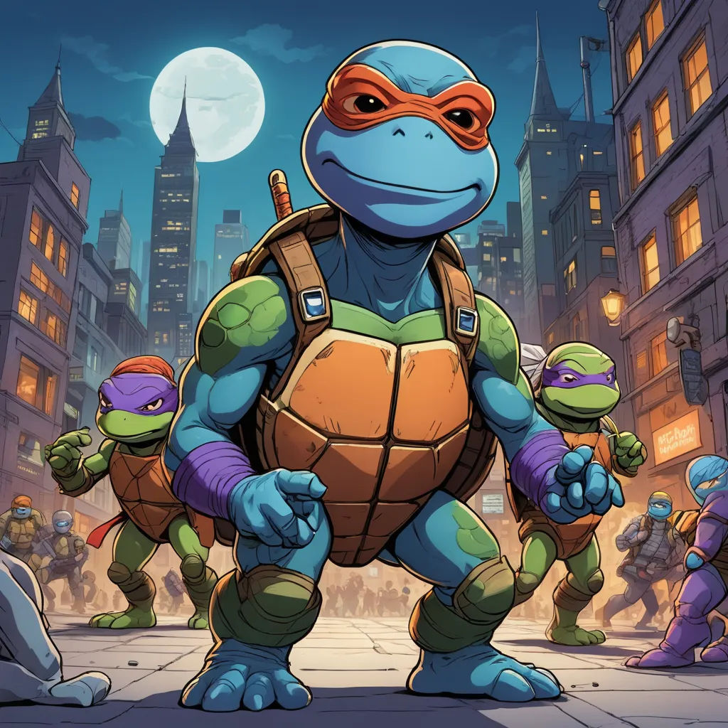 a cartoon of a teenage mutant with a group of teenage mutant turtles in the background, with a full moon in the sky, sots art, a comic book panel, Dan Mumford, josan gonzales and dan mumford