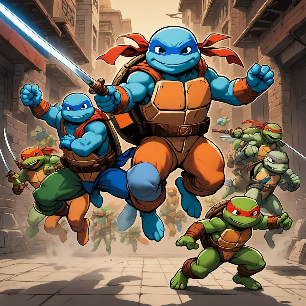 a group of teenage mutant ninjas are in a city street with a ninja sword in the air and a group of ninja turtles in the background, sots art, concept art, Eddie Mendoza, official art