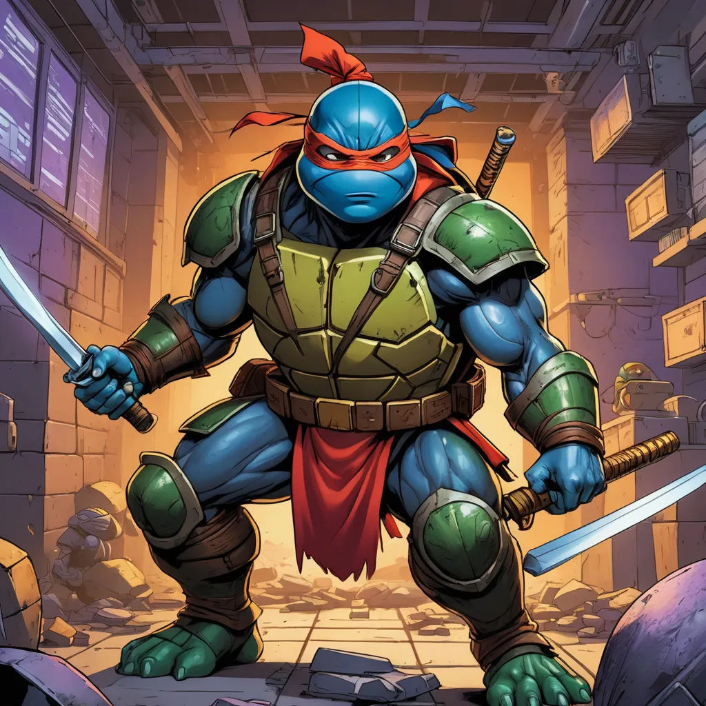 a cartoon of a teenage mutant holding a sword and wearing a helmet and holding a sword in a room, sots art, a comic book panel, Eddie Mendoza, official art
