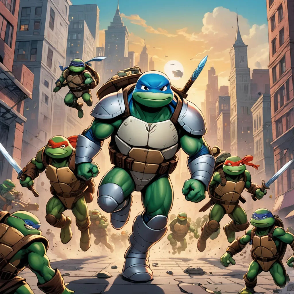 a group of teenage turtles running in a city street with a ninja turtle on their back and a sword in their hand, sots art, concept art, Drew Struzan, official art
