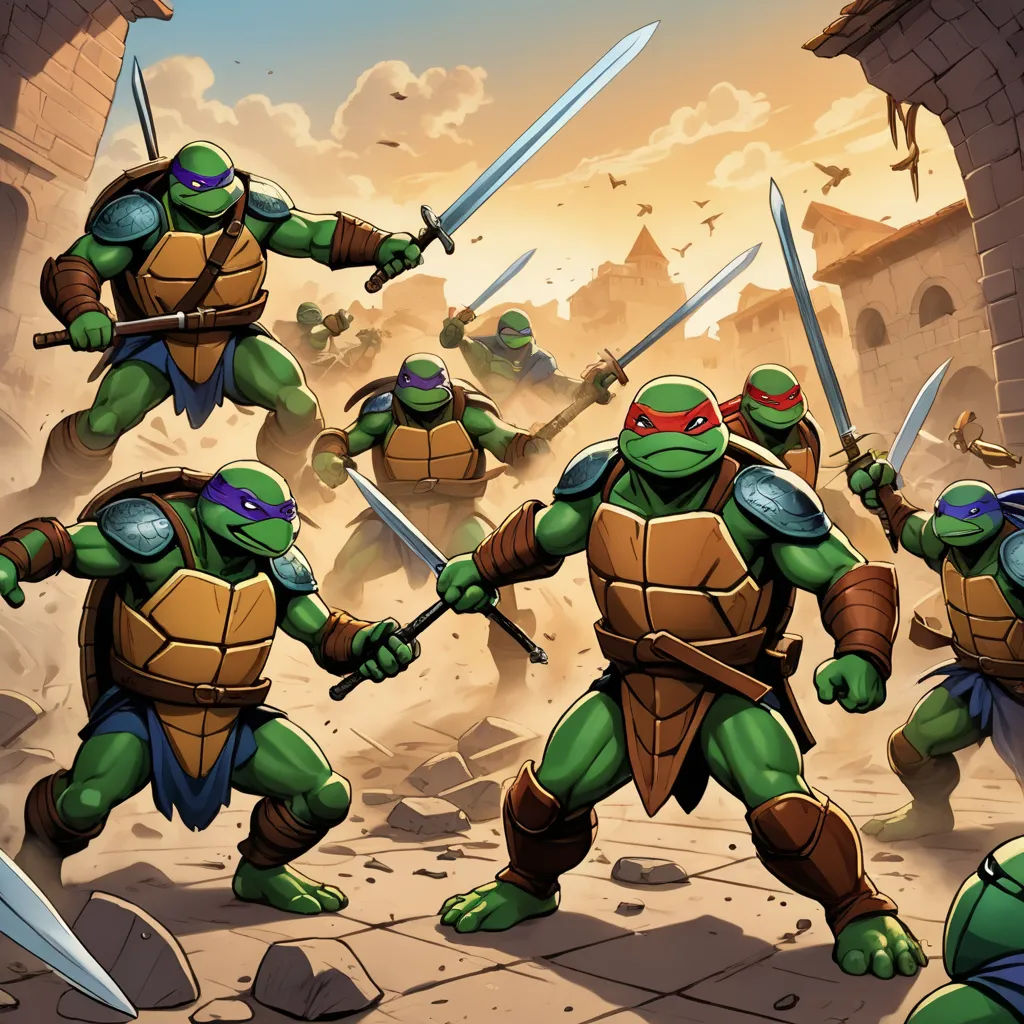 a group of teenage mutant ninjas in a cartoon style with swords and swords in their hands, with a background of a castle, sots art, concept art, Brothers Hildebrandt, official art
