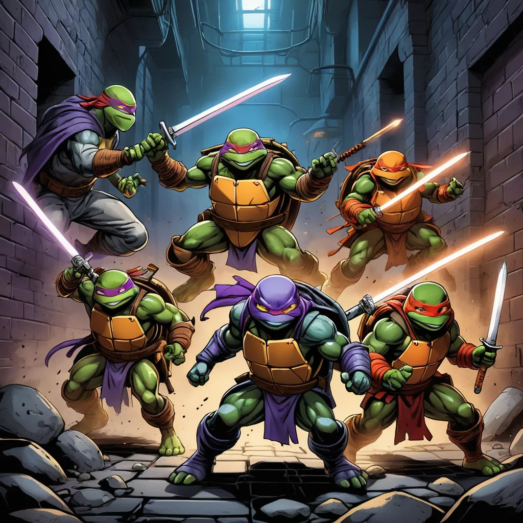 a group of teenage mutant turtles in a tunnel with swords in their hands and one with a sword in his hand, sots art, a comic book panel, Dan Mumford, comic cover art