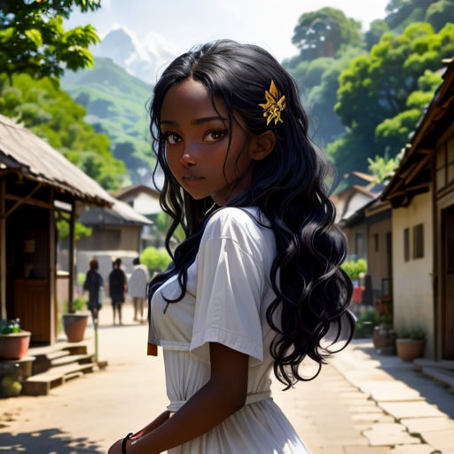 a young girl in a white dress is standing in a village with a mountain in the background and a small building