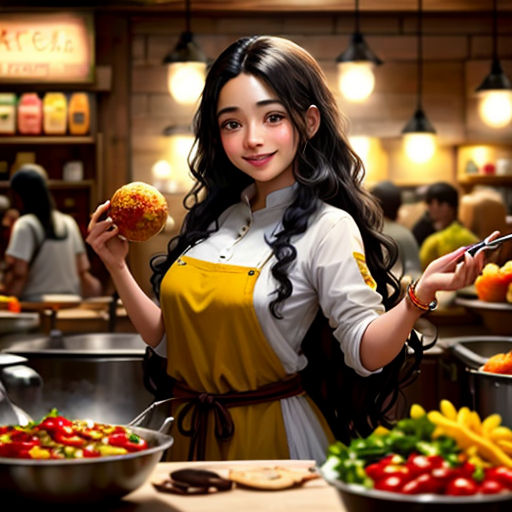 a woman holding a plate of food in a kitchen with a lot of food on the counter and a lot of food on the table