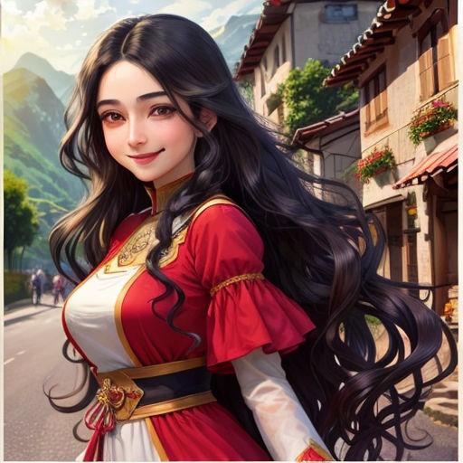 a woman in a red and white dress standing on a street with mountains in the background and a sky