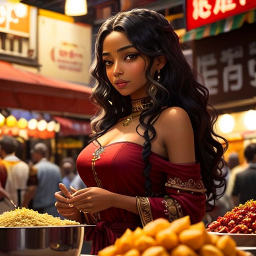 a woman in a red dress standing in front of a buffet line of food items in a market area
