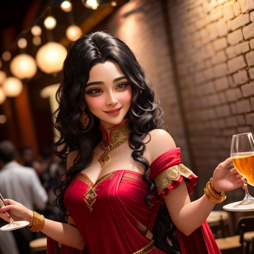 a woman in a red dress holding a glass of wine and a wine glass in her hand with a brick wall in the background