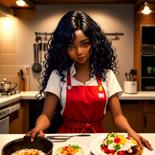 a woman in a red apron is standing in front of a plate of food on a counter top in a kitchen