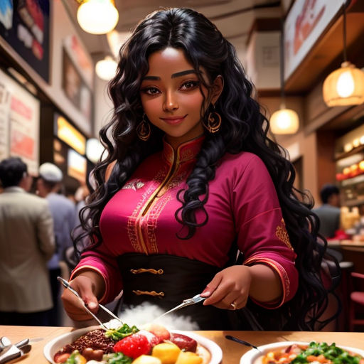 a woman in a restaurant holding a fork and knife over a plate of food on a table with a fork and knife