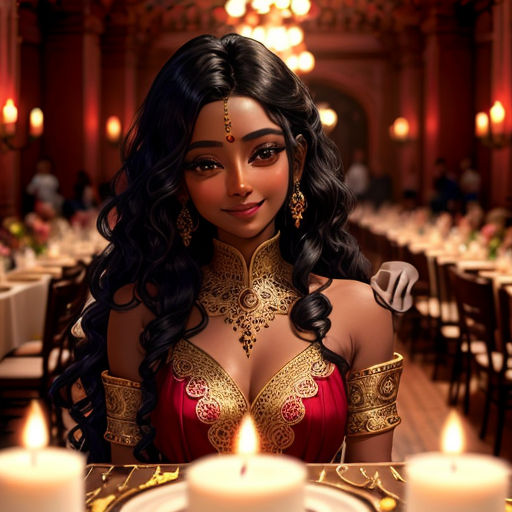 a woman in a red dress with a candle in her hand and a table with candles in front of her