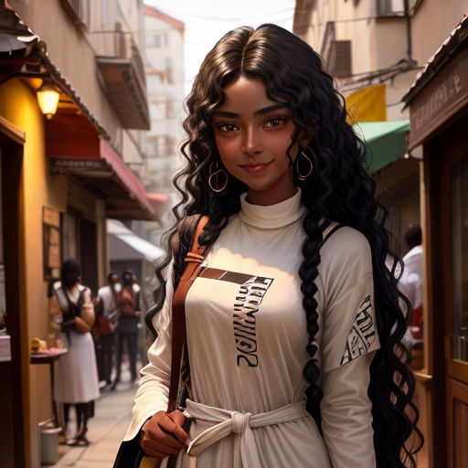 a woman with long hair and a white dress on a street corner with people walking by and a building