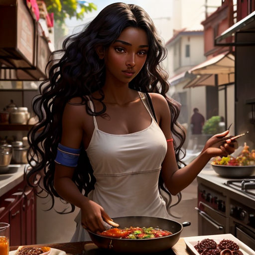 a woman in a white top is cooking in a kitchen with a frying pan and a glass of orange juice