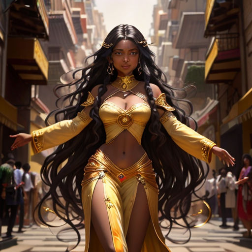 a woman in a yellow outfit is walking down a street with long hair and a gold outfit on her head