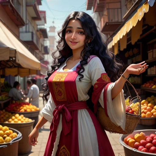 a woman in a red and white dress holding a basket of fruit in a market area with other fruit in baskets