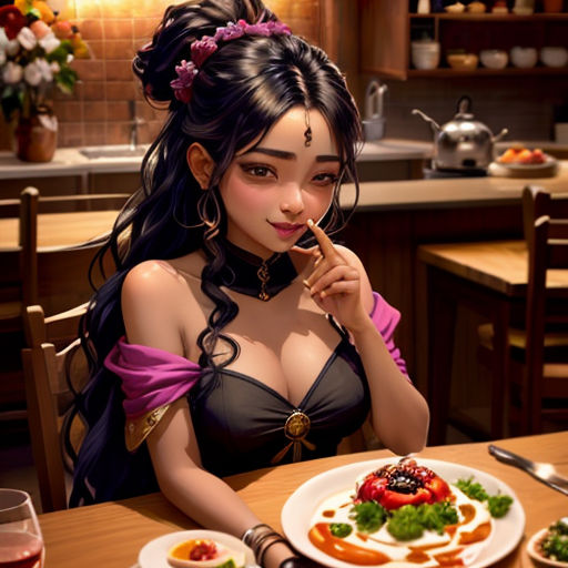 a woman sitting at a table with a plate of food in front of her and a glass of wine
