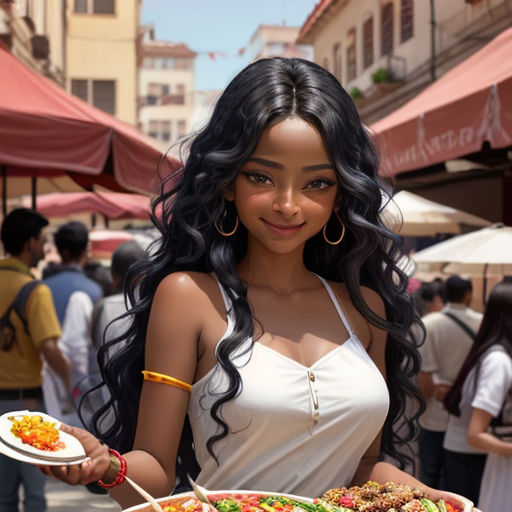 a woman holding a plate of food in a crowded street market place with people walking around and eating food