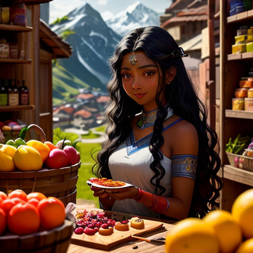 a woman holding a plate of food in front of a display of fruit and vegetables in a store with mountains in the background