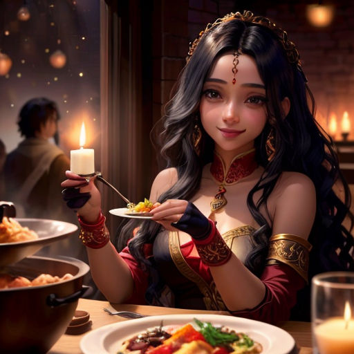 a woman in a costume holding a plate of food with a candle in her hand and a candle in her hand