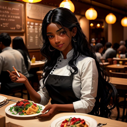 a woman in a restaurant holding a plate of food and smoking a cigarette in her hand and looking at the camera