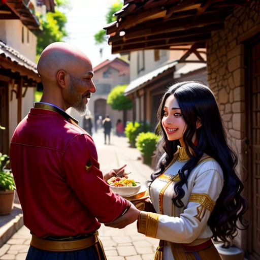 a man in a uniform is handing a woman a plate of food in a courtyard of a building with a garden