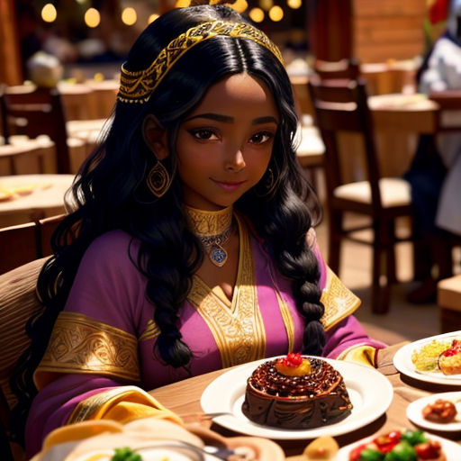 a woman sitting at a table with a plate of food in front of her and a cake on the table