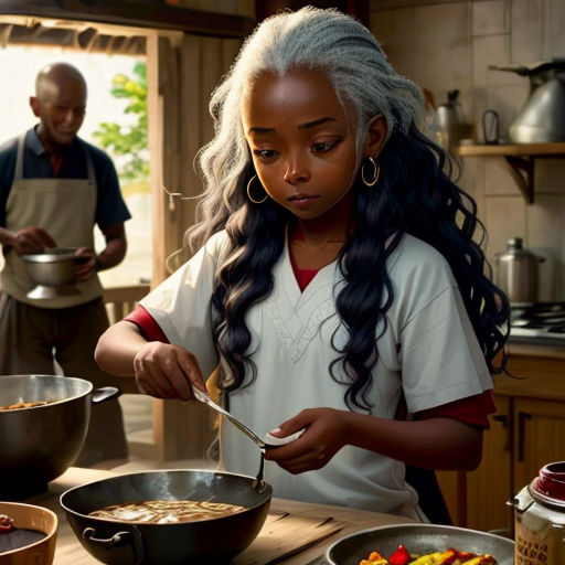 a woman is preparing food in a kitchen while a man watches her from the kitchen counter behind her and a man in the background